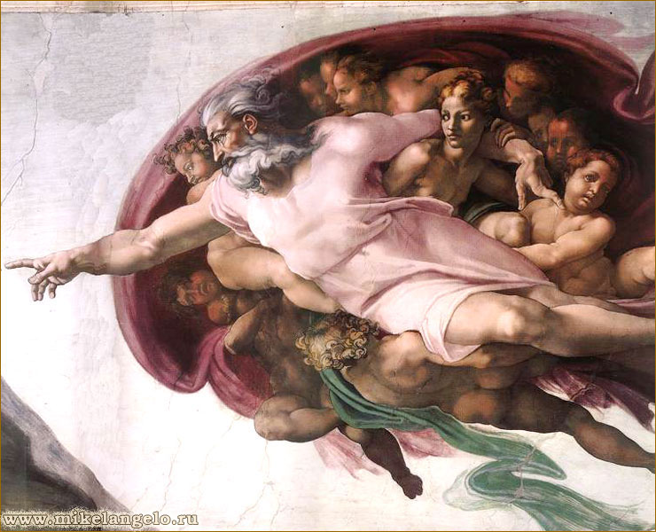 Сотворение Адама. Фреска потолка Сикстинской капеллы. Микеланджело / www.mikelangelo.ru