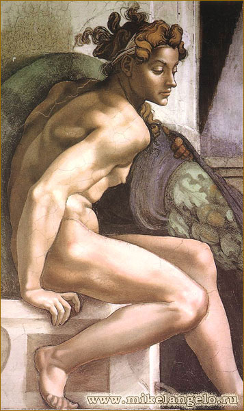 Ignudi, или обнаженнй юноша, в обрамлении сцены из Книги Бытие. Микеланджело / www.mikelangelo.ru