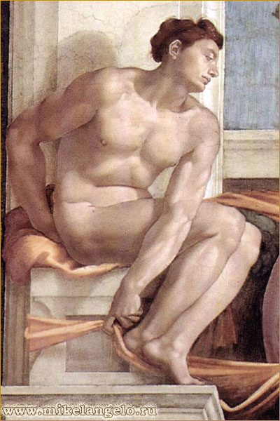 Ignudi, или обнаженнй юноша, в обрамлении сцены из Книги Бытие. Микеланджело / www.mikelangelo.ru